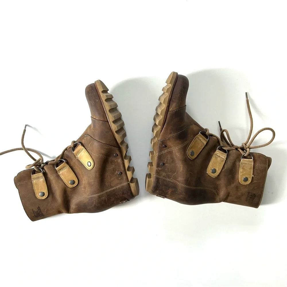 Sorel Joan of Arctic Wedge Mid Brown Distressed Genuine Leather Waterproof Boots